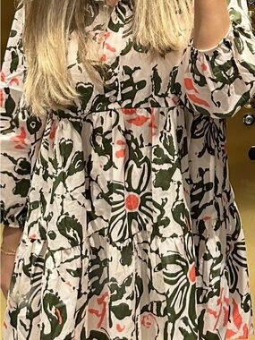 Anthropologie White Floral Mini Dress with Olive and Coral Print